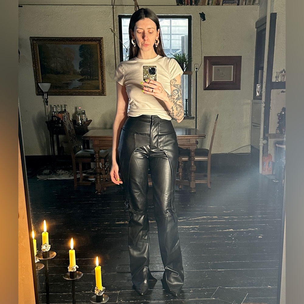 Elena Velez Black Faux Leather Flare Pants with harness detailing